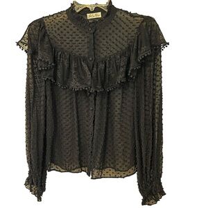 LoveShackFancy Erica SWISS DOT HIGH NECK LACE BLOUSE Ruffled Button Front Sheer